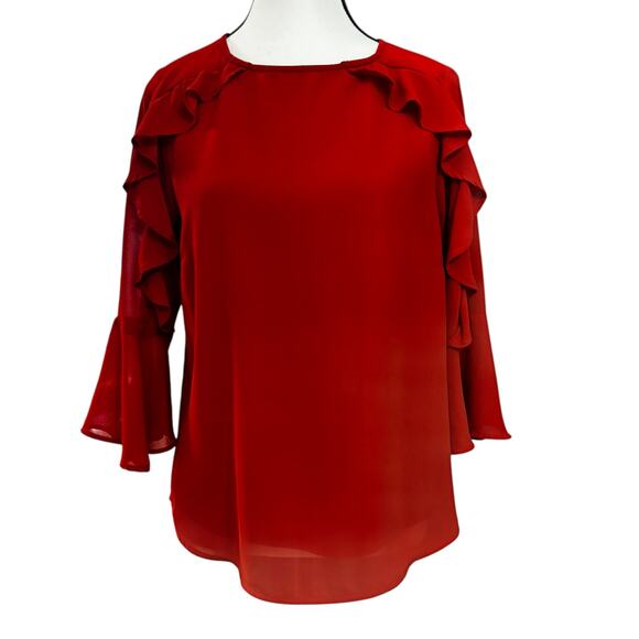 Monteau Burnt Orange Ruffle Sleeve Blouse Medium Womens Flowy Dressy Top - Picture 2 of 8